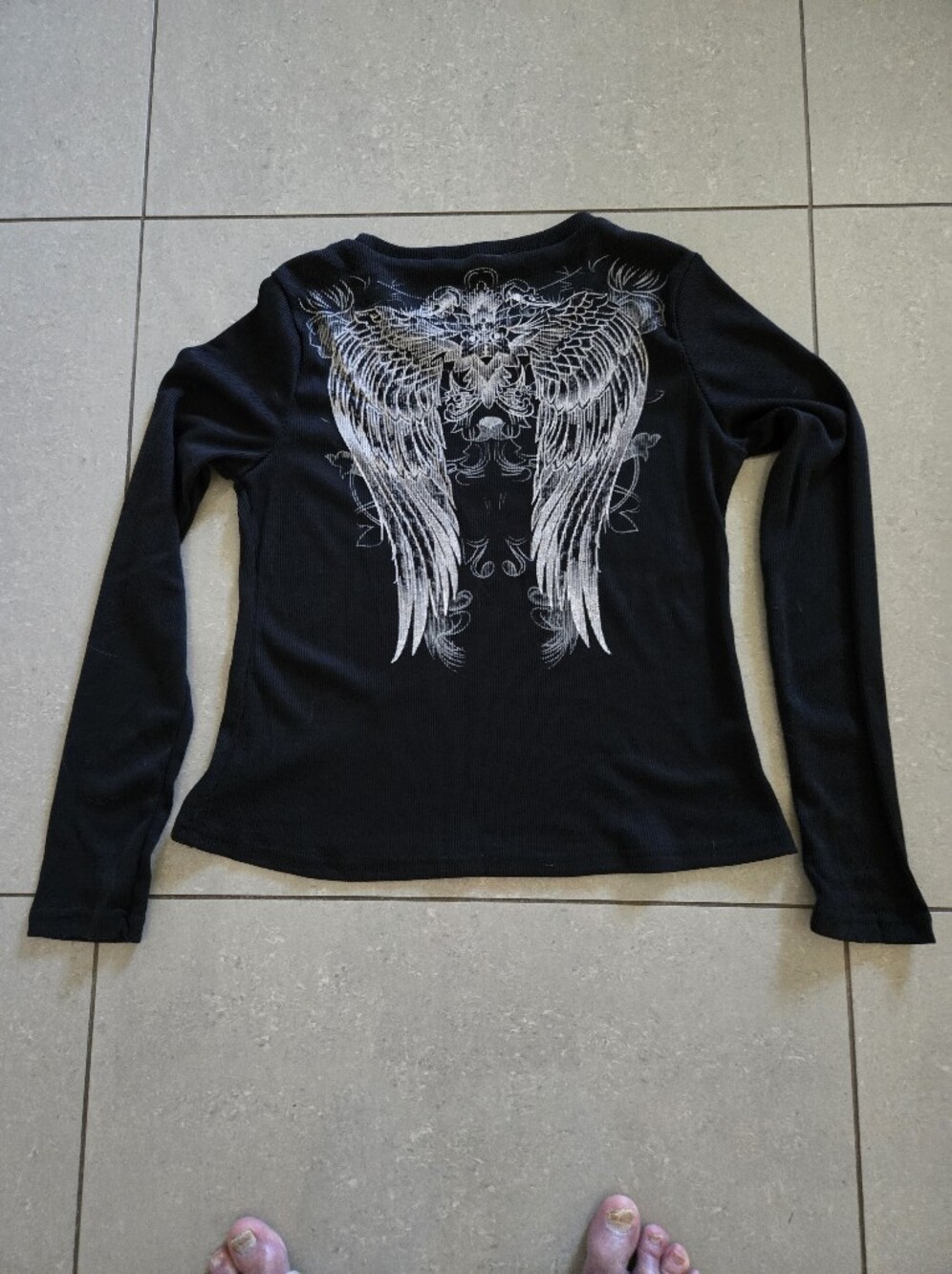 SHEIN Black Long-Sleeve Top with Silver Wing Back Graphic